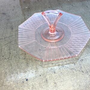 VINTAGE BEAUTIFUL PINK GLASS SERVING TRAY WITH FLORAL ETCHED DESIGN AND HANDLE
